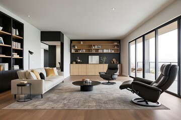 Trendy Diagonal View of a Modern Living Room with Open Space and Stylish ArmchairAngular Perspective of Spacious Living Area with Open Bookshelf and Recliner