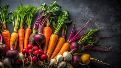 Vibrant root vegetables contrasted against a dark background, colorful, roots, vegetables, dark, background, vibrant, aesthetic