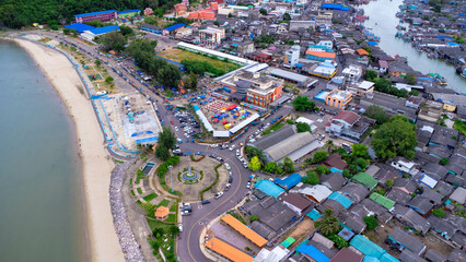 Aerial view of fishing village and gulf at Pak Nam Sichon, estuary area in Chumphon Province, Thailand.