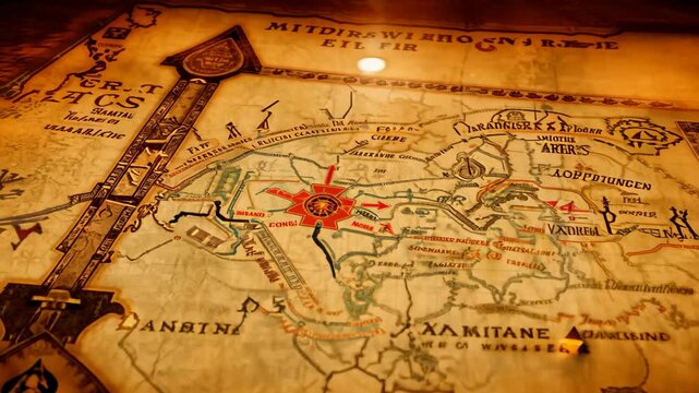 A restaurant features a wall adorned with a map marked in red, highlighting specific locations that invite curiosity and exploration for diners and travelers alike.