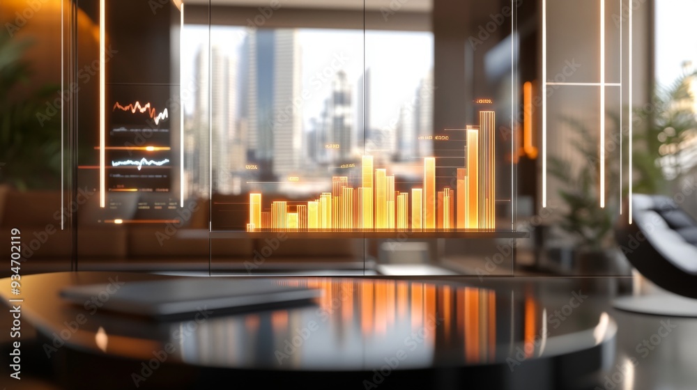 Poster 3D bar chart with animated bars showcasing financial growth, set against a backdrop of a high-tech office environment