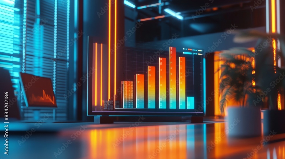 Poster 3d bar chart with animated bars showcasing financial growth, set against a backdrop of a high-tech o