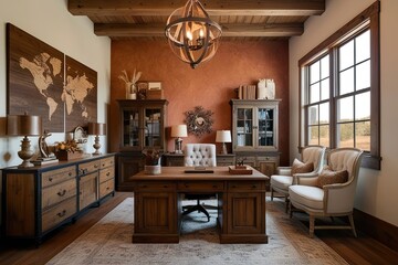 Warm Rustic Office Design Featuring Earthy Tones and Vintage Decor