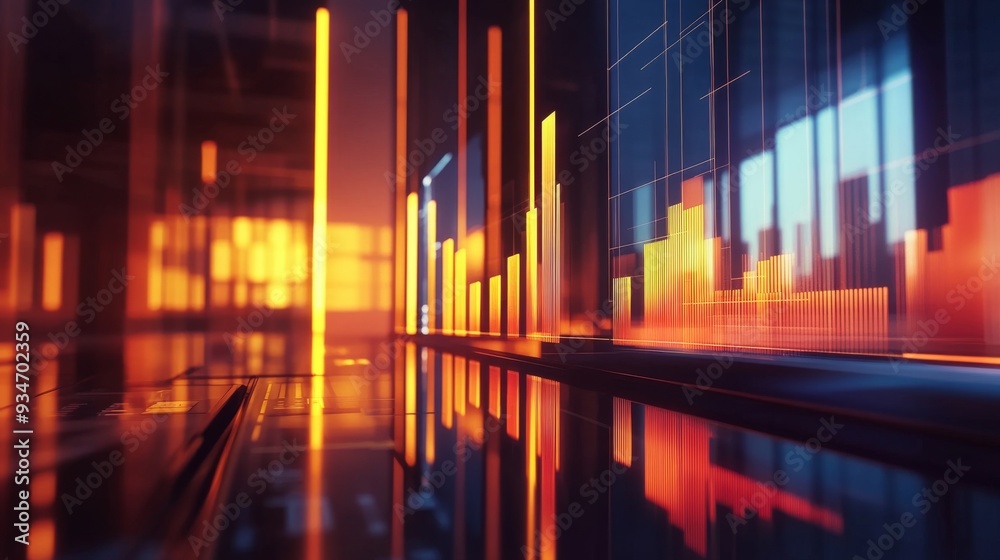 Poster 3d bar chart with animated bars showcasing financial growth, set against a backdrop of a high-tech o