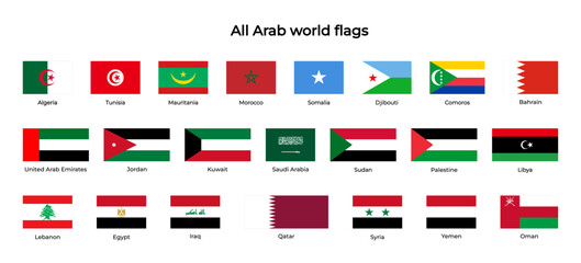 Set of all Arab world flags isolated on a transparent background. Correct proportions and colors. Vector illustration