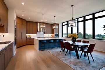 Obraz premium Large Kitchen and Dining Room Design Featuring Expansive Windows and Modern Cabinetry Solutions