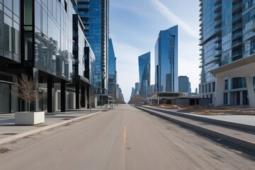 Obraz premium Detailed Exploration of a Clear Vacant Street Adjacent to Contemporary Skyscrapers in the City with Urban Structures and Modern Landscape