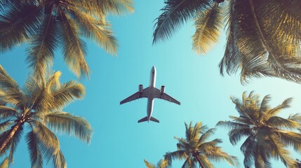 airplane flying over tropical palm trees. clear blue sky vacation time.