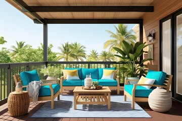 Obraz premium Sunny Outdoor Patio Mockup Frame with Breezy Decor and Relaxed Lifestyle