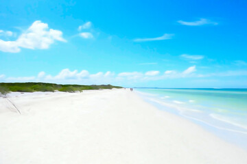 A photo painting of Clearwater Beach, white sands and people walking along the green water of the Gulf of Mexico