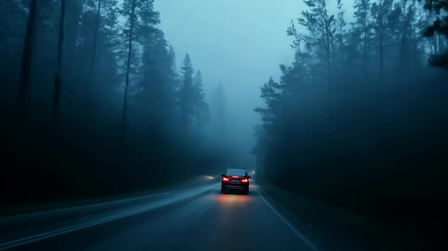 A car navigates a foggy road, its headlights cutting through the thick mist, creating an atmosphere of mystery and uncertainty as it moves forward cautiously.