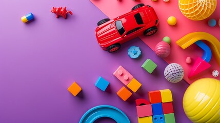 A toy car blocks and other colorful toys isolated on purple and pink background