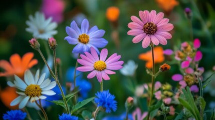 Beautiful close-up of a cluster of wildflowers, showcasing their diverse shapes and vibrant colors in natural light