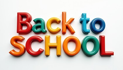 Colorful 3D 'Back to School' text on a plain white background, emphasizing education and new beginnings.