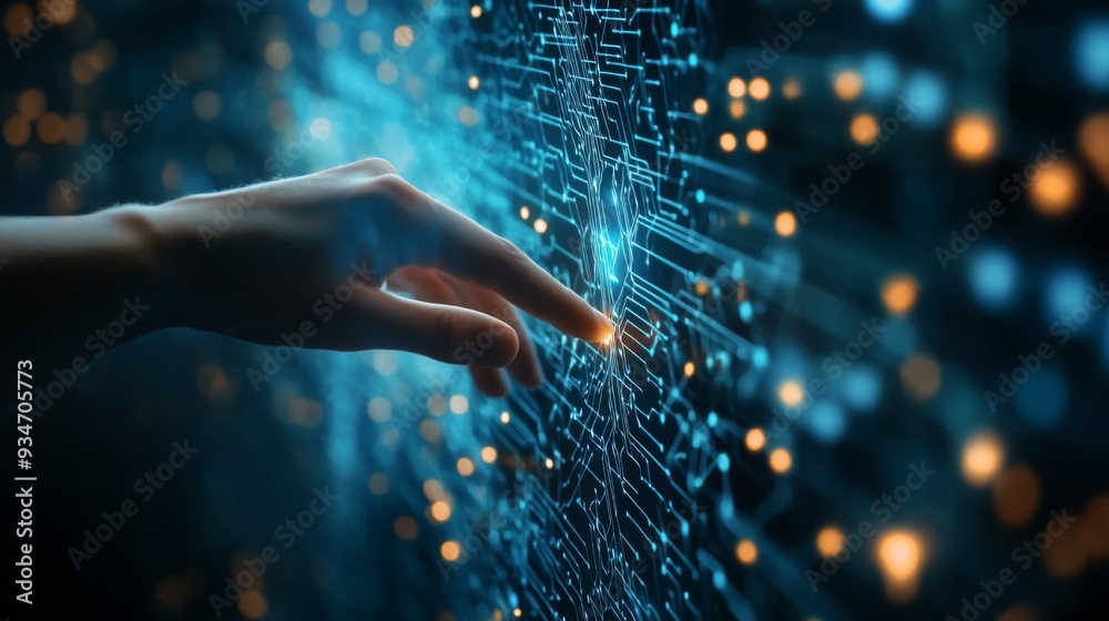 Fototapete Businessman hand touching of digital data network transformation for next generation technology on cyberspace, Internet network and digital software development, Algorithm, Metaverse and data science.