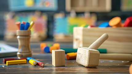 a wood peg toy and wood hammer put on a table with color pen and book in classroom of kindergarten...