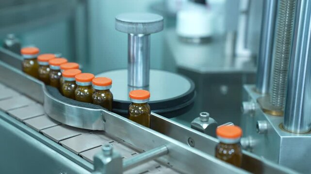 vaccine production. medicine filled vaccine injection manufacturing line glass vial bottle on a conveyor belt in a Pharma production factory injections in vials factory process machinery.