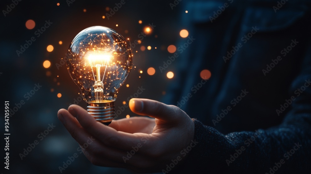 Poster businessman holding light blub with virtual global internet connection. global internet connection a
