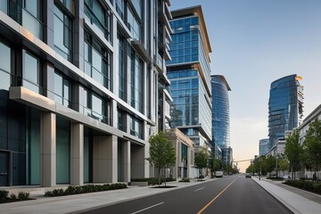 Intimate Perspective of a Sleek Urban Street Alongside Cutting-Edge Office Towers