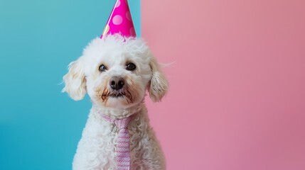 adorable bichon dog looking away wearing a birthday hat and a pink tie on pink and blue background