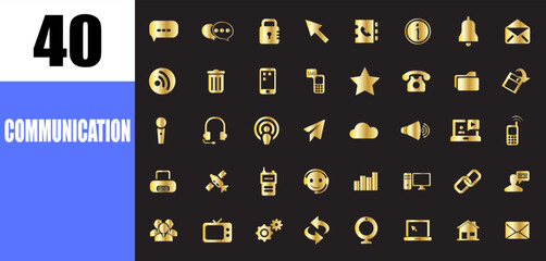 Communication business icon set. Golden solid icons logo sign collection.