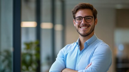 Clear-faced young executive with a friendly smile, standing with arms crossed in a contemporary office environment