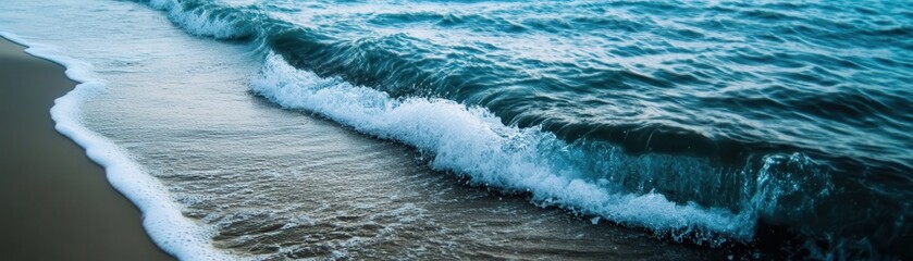 Naklejka premium Serene Ocean Waves Gently Crashing on Sandy Beach at Sunset