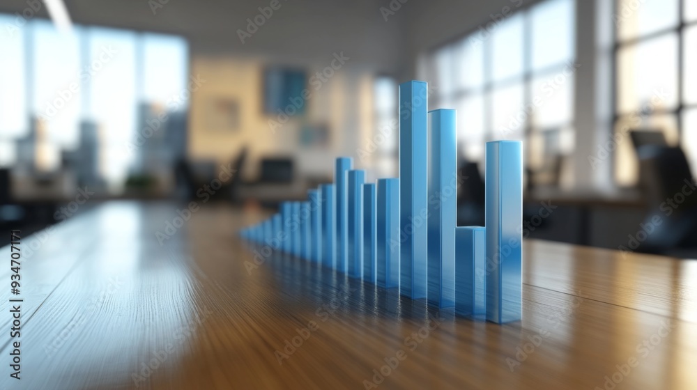 Aufkleber close-up of a 3d bar chart with an upward trend, showing increasing sales or revenue, set against a 