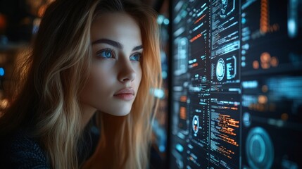 AI Cybersecurity. Female Specialist Analyzing Digital Threats and Data Privacy