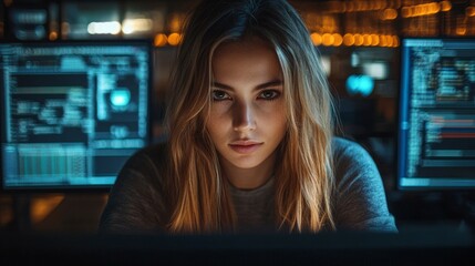 AI Cybersecurity. Female Specialist Analyzing Digital Threats and Data Privacy