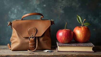 Vintage leather handbag on rustic wooden table with two red apples and an old book under natural light.