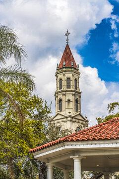 Bell tower Cathedral of Saint Augustine Central Park Saint Augustine Florida. Founded in 1565, oldest church in USA.