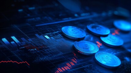 Glowing Blue Coins with Business Graph Background