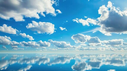 The Serene Blue Sky, White Clouds and Water Surface Reflection Background: A Tranquil Visual Oasis.