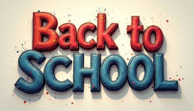 Colorful 3D text illustration of 'Back to School' with playful splatters and vibrant colors.