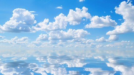The Serene Blue Sky, White Clouds and Water Surface Reflection Background: A Tranquil Visual Oasis.