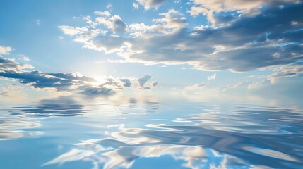 The Serene Blue Sky, White Clouds and Water Surface Reflection Background: A Tranquil Visual Oasis.