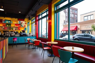 Fototapeta premium Vibrant Coffee Shop Design with Colorful Decor and Open Seating by Floor-to-Ceiling Windows