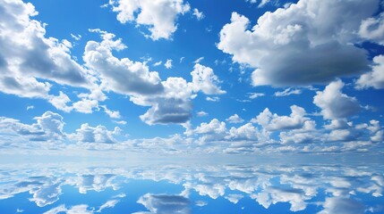 The Serene Blue Sky, White Clouds and Water Surface Reflection Background: A Tranquil Visual Oasis.