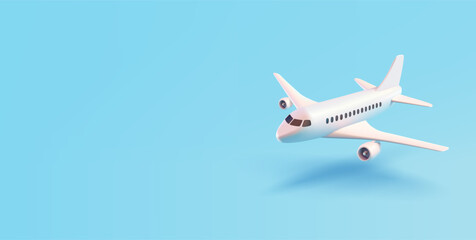 Passenger realistic airplane, 3D. Banner for advertising air flights, travel, vacation, and technology. Vector