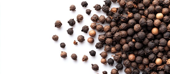 Black Peppercorns Scattered on White Background