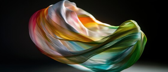 Fototapeta premium Abstract Colorful Fabric in Motion Against Dark Background Capturing Fluidity and Grace