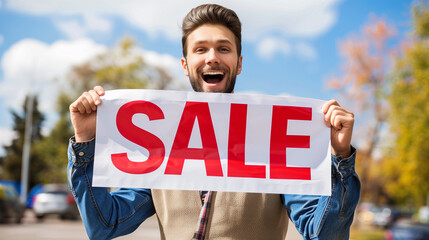 Business or salesman holding "Sale" Banner. A happy excited businessman, salesman or storeperson holding a vinyl sale banner sign ready to hang 