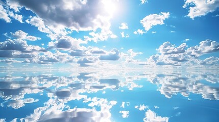 The Serene Blue Sky, White Clouds and Water Surface Reflection Background: A Tranquil Visual Oasis.