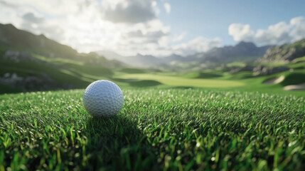 The golf ball is on a green lawn in a beautiful golf course with morning sunshine.