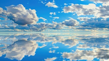 The Serene Blue Sky, White Clouds and Water Surface Reflection Background: A Tranquil Visual Oasis.