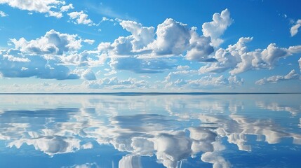The Serene Blue Sky, White Clouds and Water Surface Reflection Background: A Tranquil Visual Oasis.