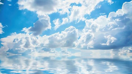 The Serene Blue Sky, White Clouds and Water Surface Reflection Background: A Tranquil Visual Oasis.