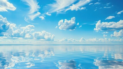 The Serene Blue Sky, White Clouds and Water Surface Reflection Background: A Tranquil Visual Oasis.