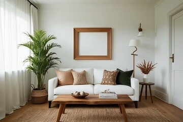 Serene Home Interior with 3D Frame in White Room and Eco-Friendly Wooden Table Design